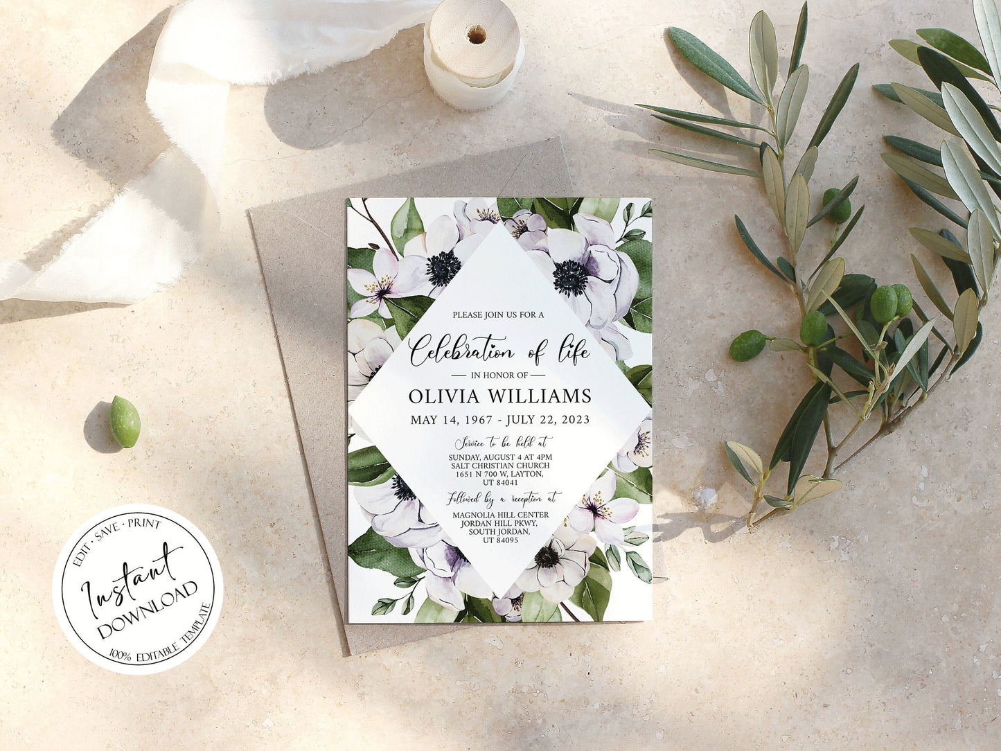 Celebration of life Purple Floral Greenery Funeral Invitation Template, Greenery Funeral Announcement, Funeral Card Template, Printable Memorial Service Invitation