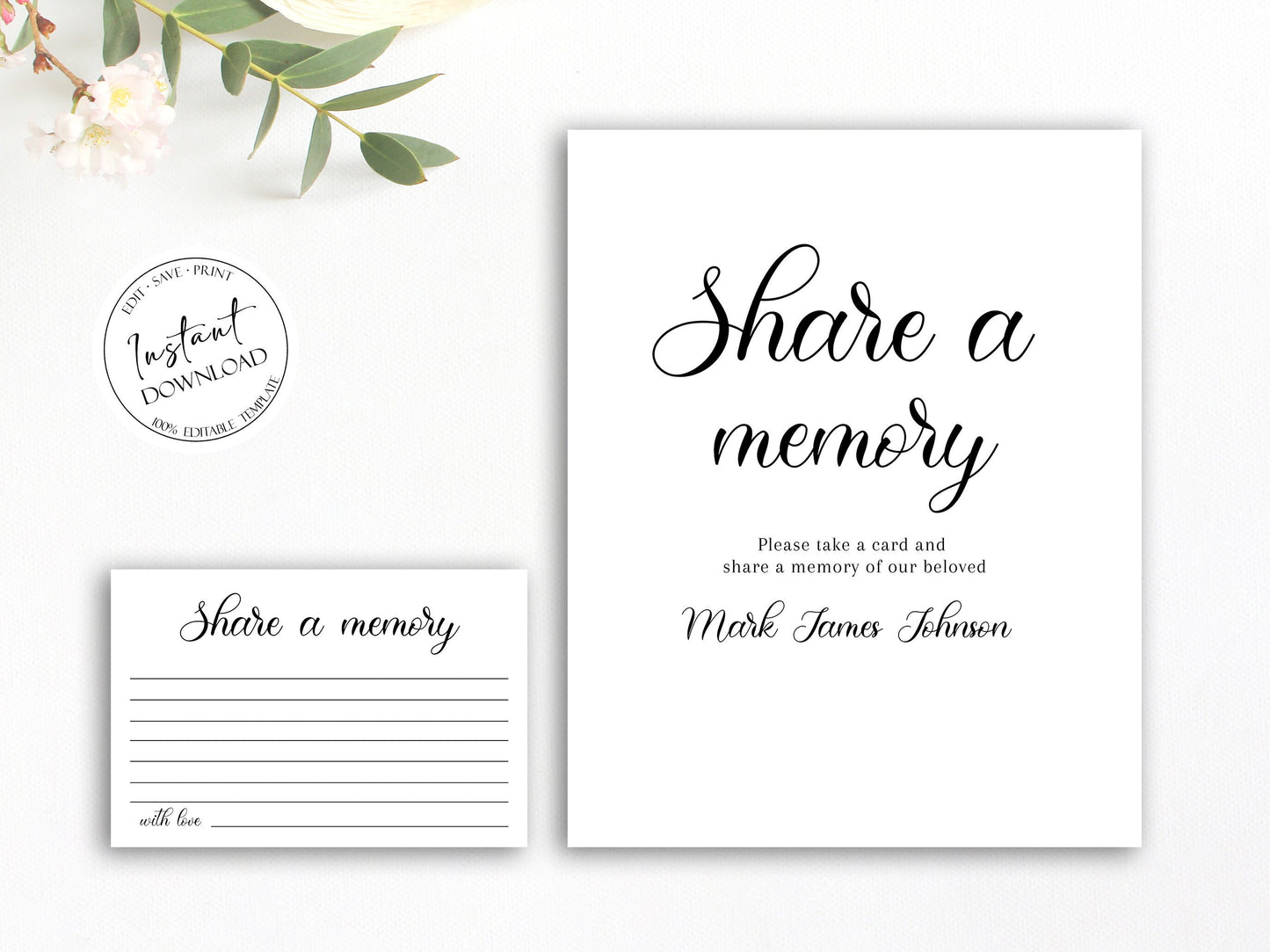 Simple Elegant Share a Memory Funeral Sign and Share a Memory Card Template S3