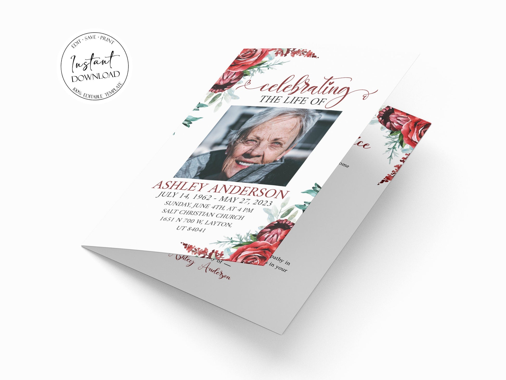 Celebration of Life Funeral Program Template, Red Funeral Brochure, Red Roses Memorial Program, Obituary Program Funeral Program Template R2