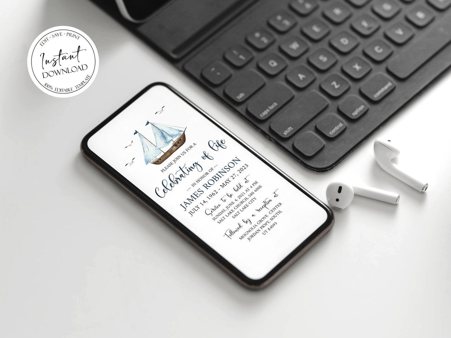 Celebration of life Watercolor Nautical Sailboat Digital Funeral Invitation Template, Nautical Funeral Announcement, Sailboat Electronic Funeral Invite Template