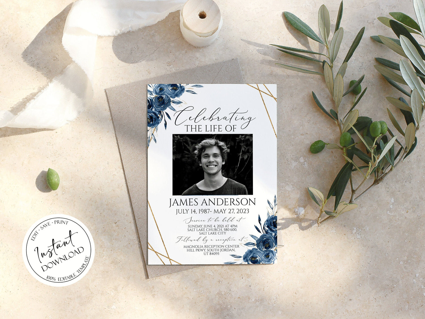 Celebration of life Royal Blue Flowers Gold Funeral Invitation Template, Funeral Announcement, Blue Funeral Cards Template Printable Blue Memorial Invitation B2