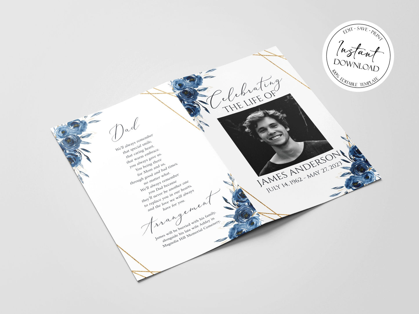 Celebration Of Life Royal Blue Flowers Gold Funeral Program Template, Blue Funeral Brochure, Blue Memorial Program, Obituary Program, Funeral program template for man B2