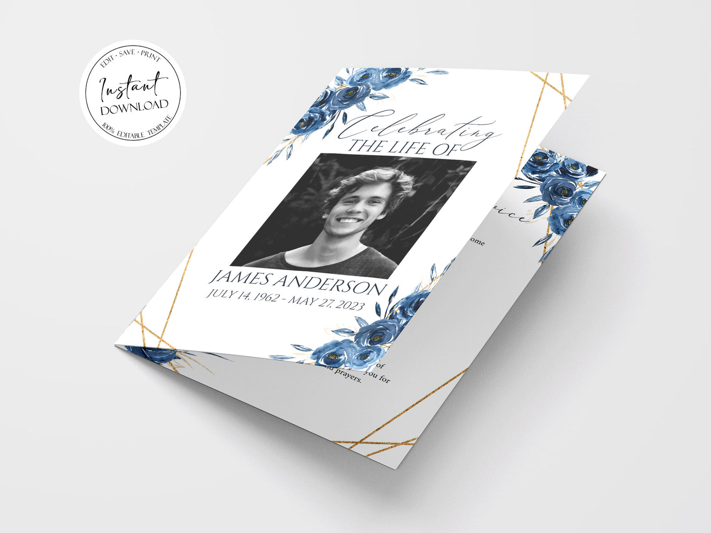 Celebration Of Life Royal Blue Flowers Gold Funeral Program Template, Blue Funeral Brochure, Blue Memorial Program, Obituary Program, Funeral program template for man B2