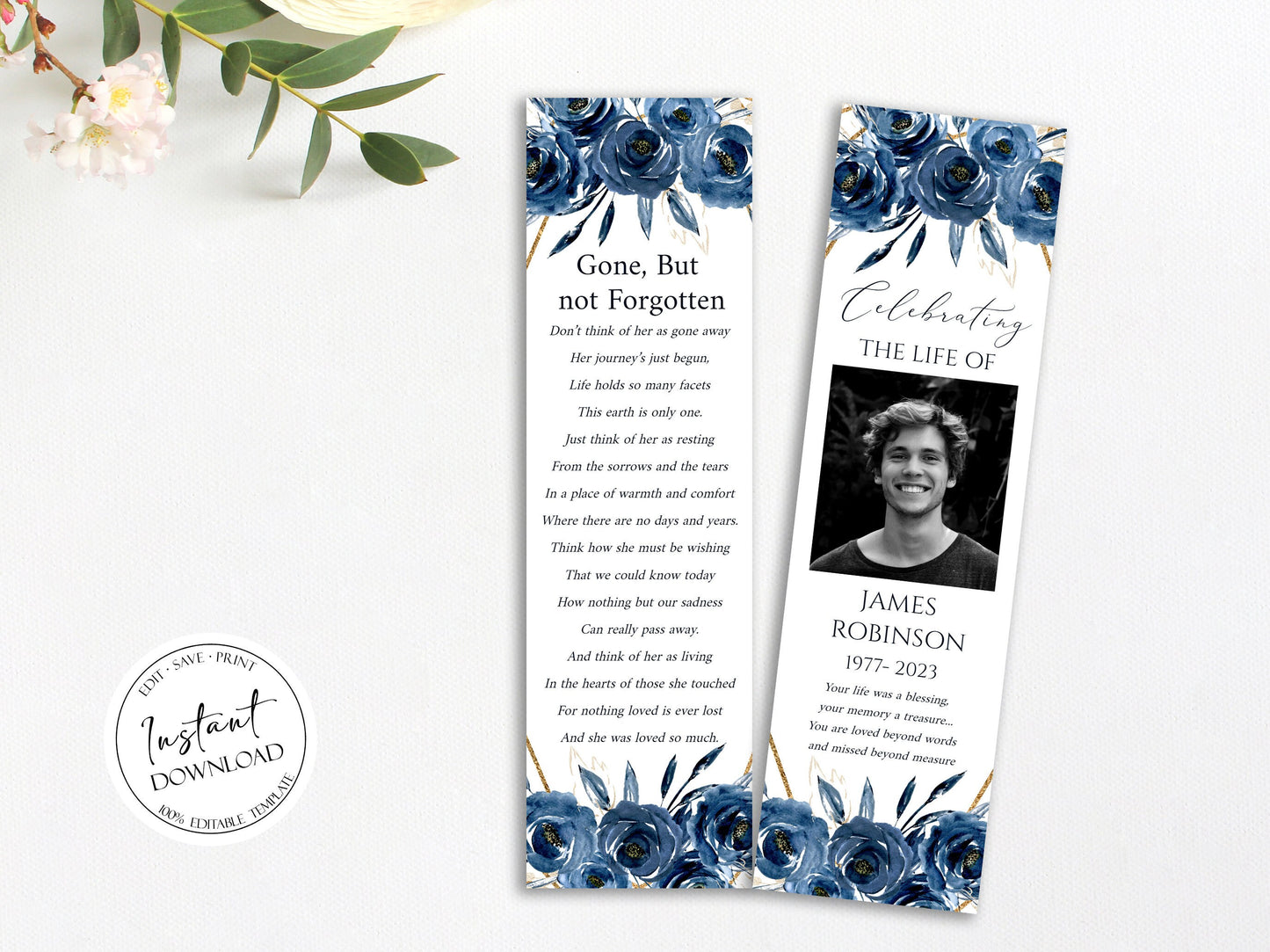 Celebration of life Royal Blue Flowers Gold Funeral Bookmark Template, Celebration of Life Bookmark, Funeral Keepsake Cards, Blue Memorial Bookmark Blue Obituary Bookmark B2