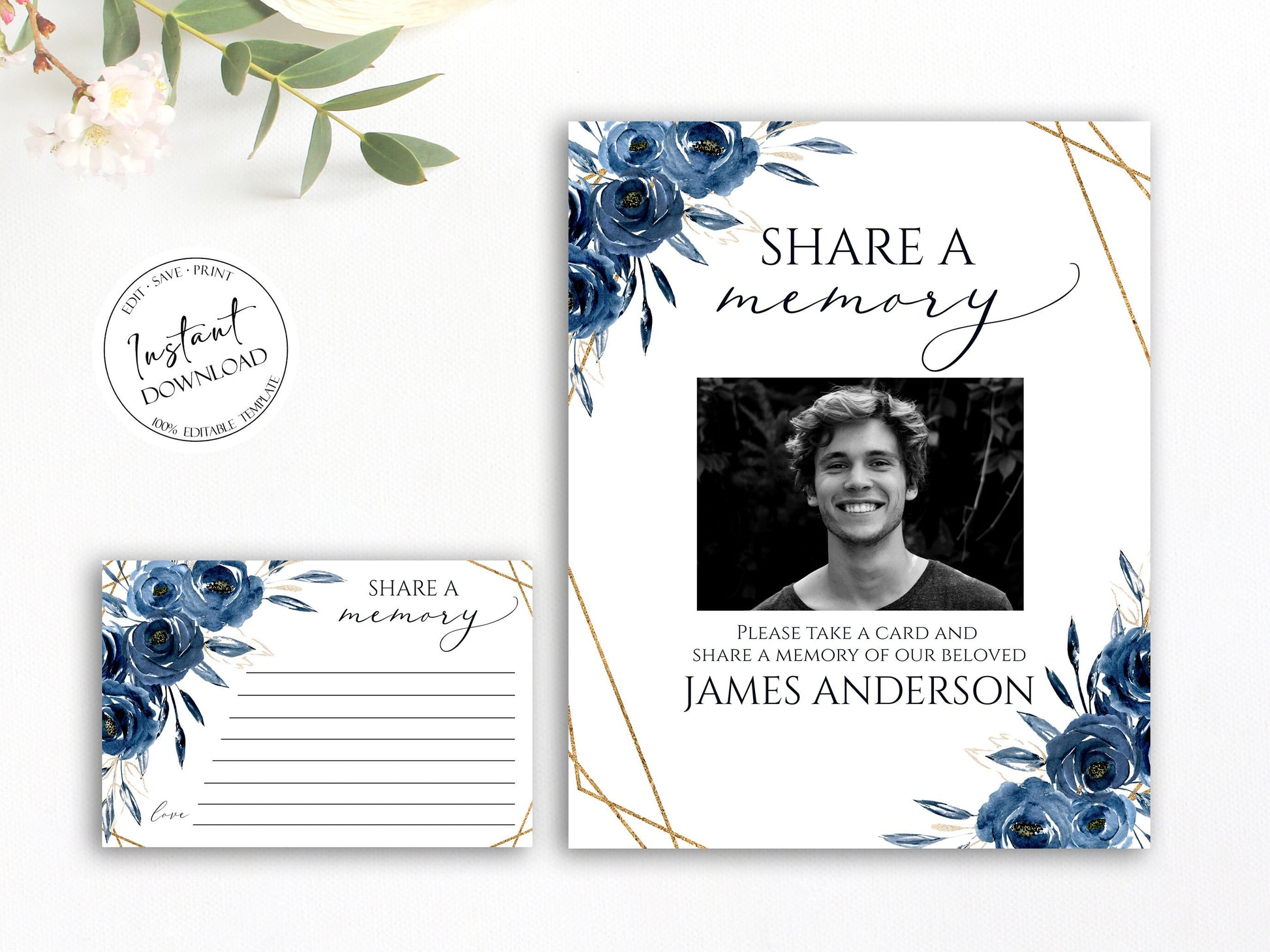 Celebration Of Life Royal Blue Flowers Gold Share a Memory Funeral Sign and Share a Memory Card Template , Blue Share a Memory Cards, Funeral Memory Card, Editable Blue Floral Funeral share a memory, B2