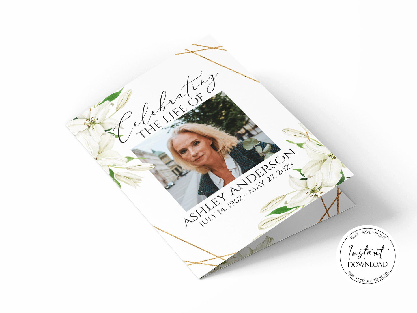 Celebration of Life White Lilies Greenery Funeral Program Template, White Floral Memorial Program, Obituary Program, White Lilies Greenery Funeral Mass Program