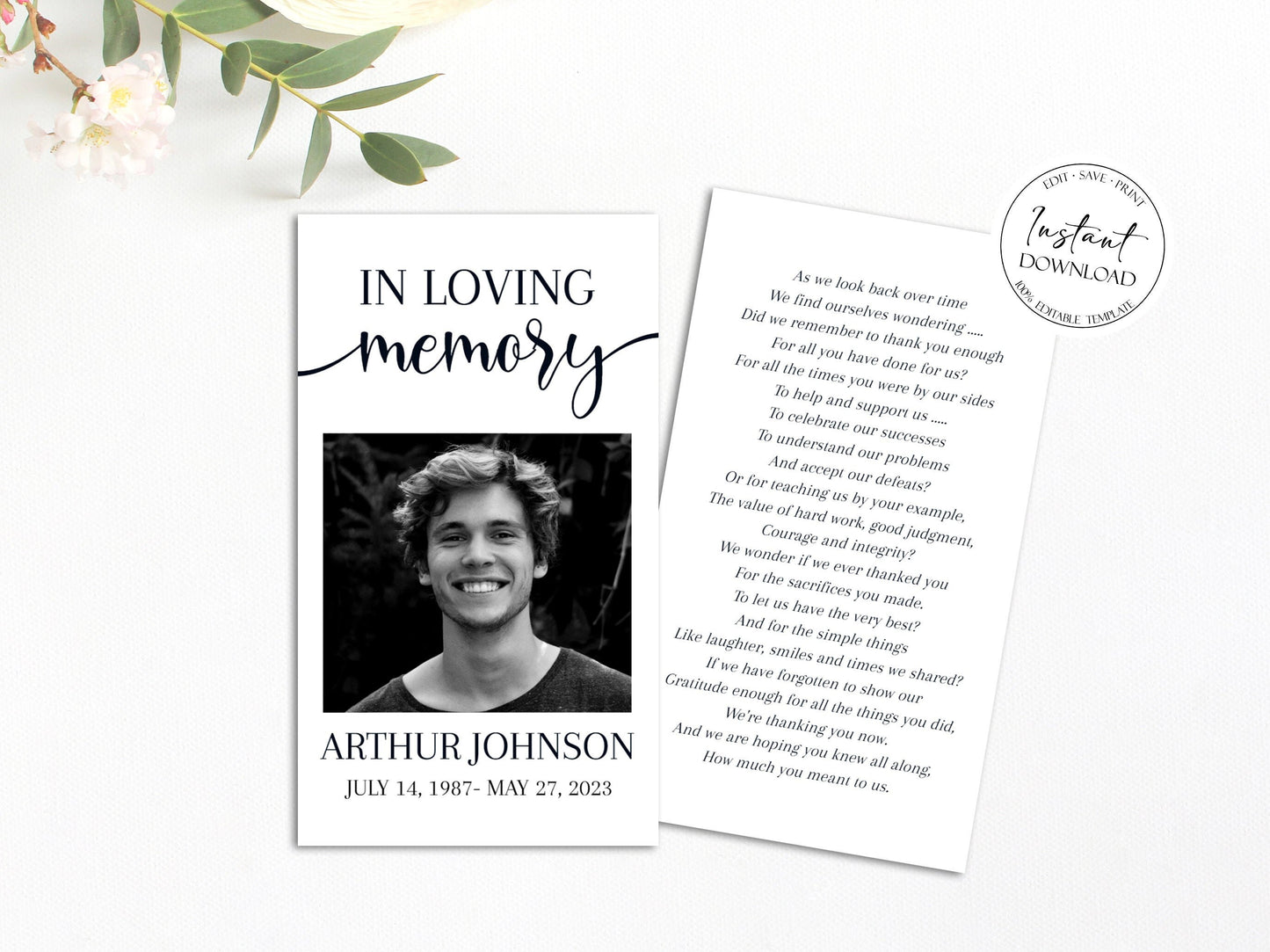 In Loving Memory Simple Elegant Funeral Prayer Card Template, Printable Memorial Prayer Card Template, Funeral Prayer Card, Catholic Mass Card, Obituary Card S2