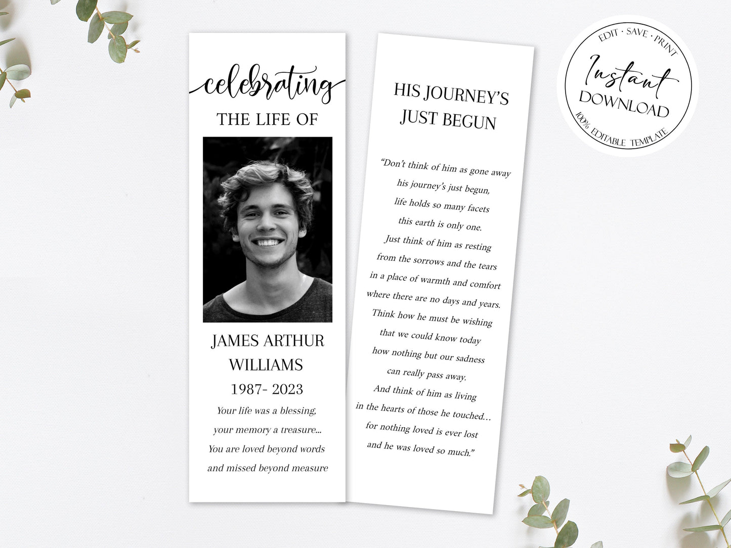 Simple Funeral Bookmark Template, Celebration of Life Bookmark, Funeral Keepsake Cards, Memorial Bookmark, Obituary Bookmark, Keepsake Cards S2