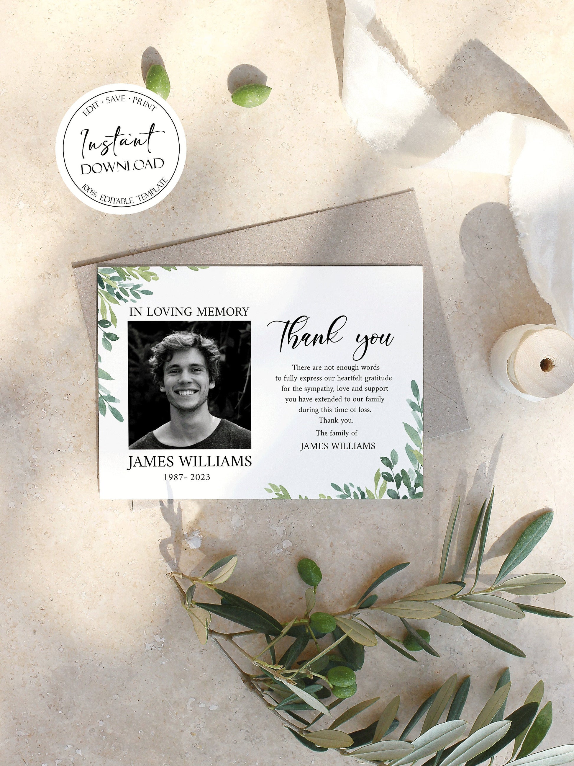 Celebration of life Watercolor Greenery Funeral Photo Thank You Card Template Printable Memorial Thank You Card Green Sympathy Card G2