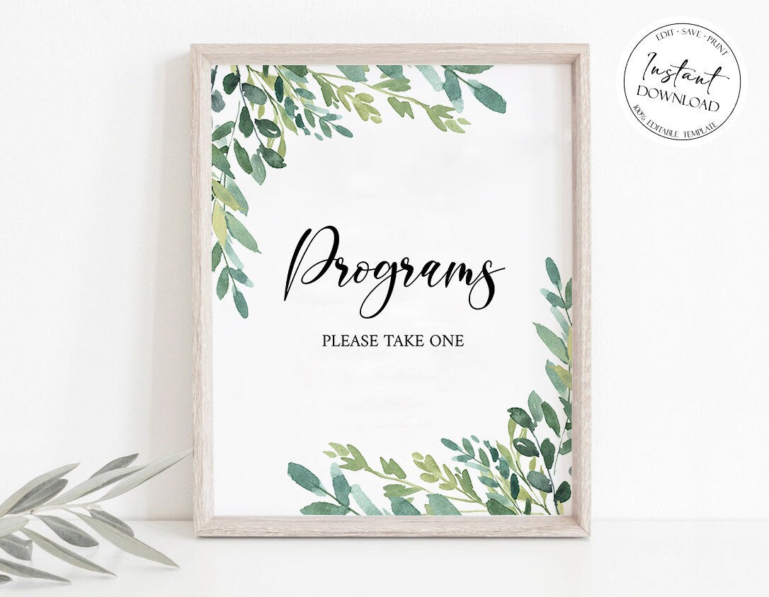 Celebration of life Watercolor Greenery Funeral Program Sign Template, Printable Greenery Memorial Program Sign, Greenery Funeral Decor, Memorial Program Sign