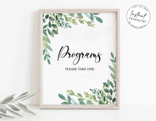 Celebration of life Watercolor Greenery Funeral Program Sign Template, Printable Greenery Memorial Program Sign, Greenery Funeral Decor, Memorial Program Sign