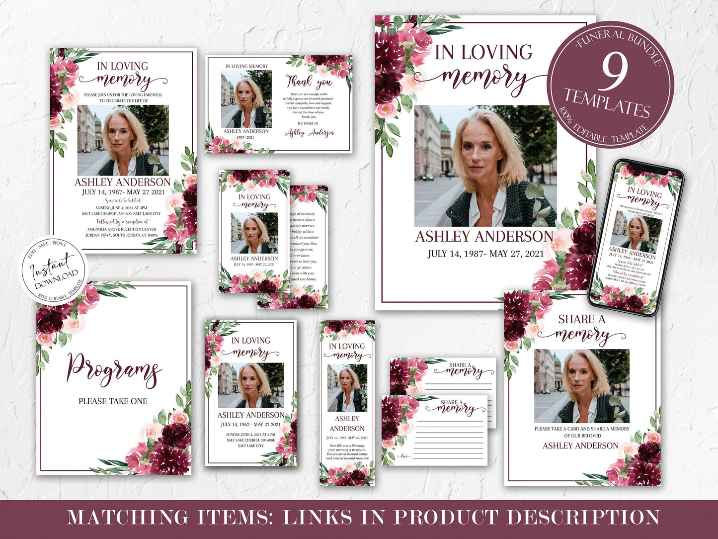 Celebration of life Burgundy Red Roses Digital Funeral Invitation Template R3