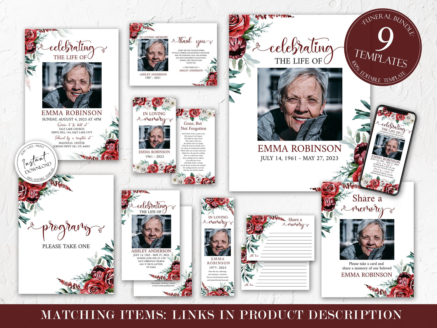 Celebration of Life Funeral Program Template, Red Funeral Brochure, Red Roses Memorial Program, Obituary Program Funeral Program Template R2