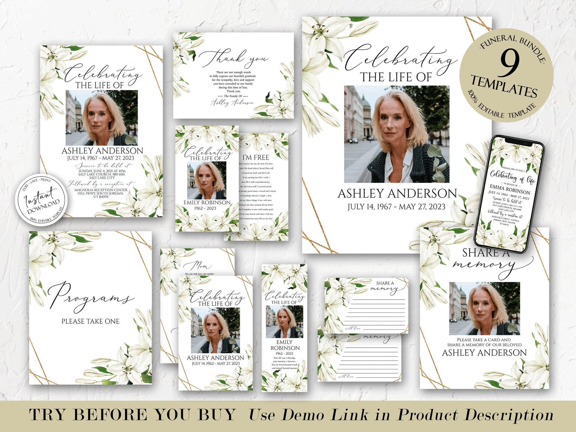 Editable Celebration Of Life White Lilies Greenery Gold Funeral Bundle Set, Celebration of Life Package, White Lilies Greenery Funeral Templates Bundle, White Lilies Funeral