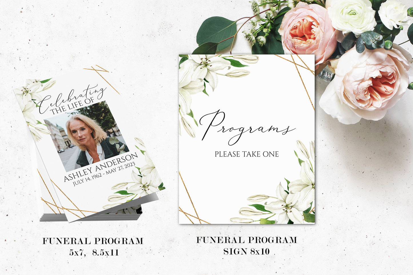 Editable Celebration Of Life White Lilies Greenery Gold Funeral Bundle Set, Celebration of Life Package, White Lilies Greenery Funeral Templates Bundle, White Lilies Funeral