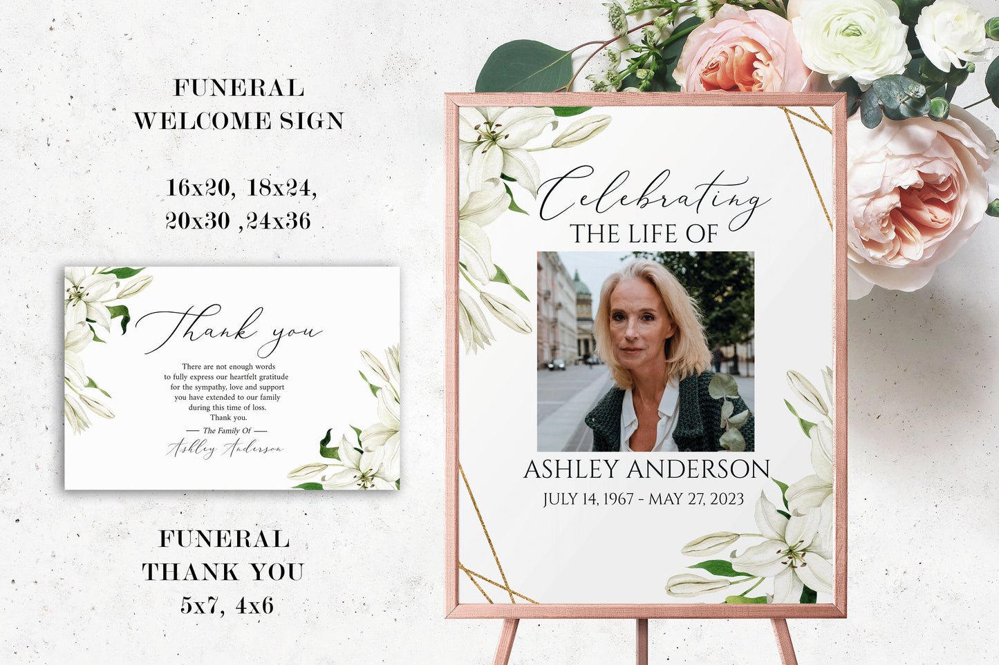 Editable Celebration Of Life White Lilies Greenery Gold Funeral Bundle Set, Celebration of Life Package, White Lilies Greenery Funeral Templates Bundle, White Lilies Funeral