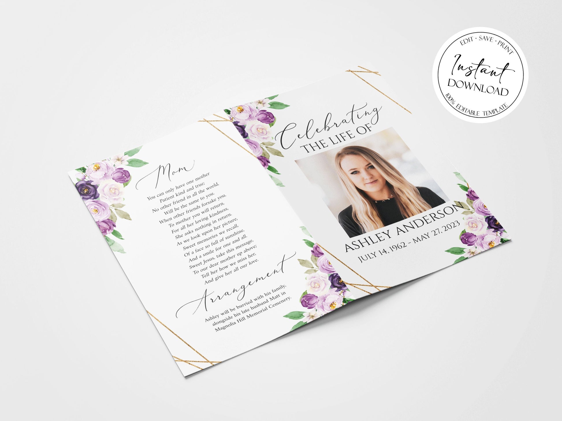 Celebration of Life Funeral Program, Purple Floral Funeral Program Template, Floral Memorial Program, Obituary Program, Funeral Mass Program, P1