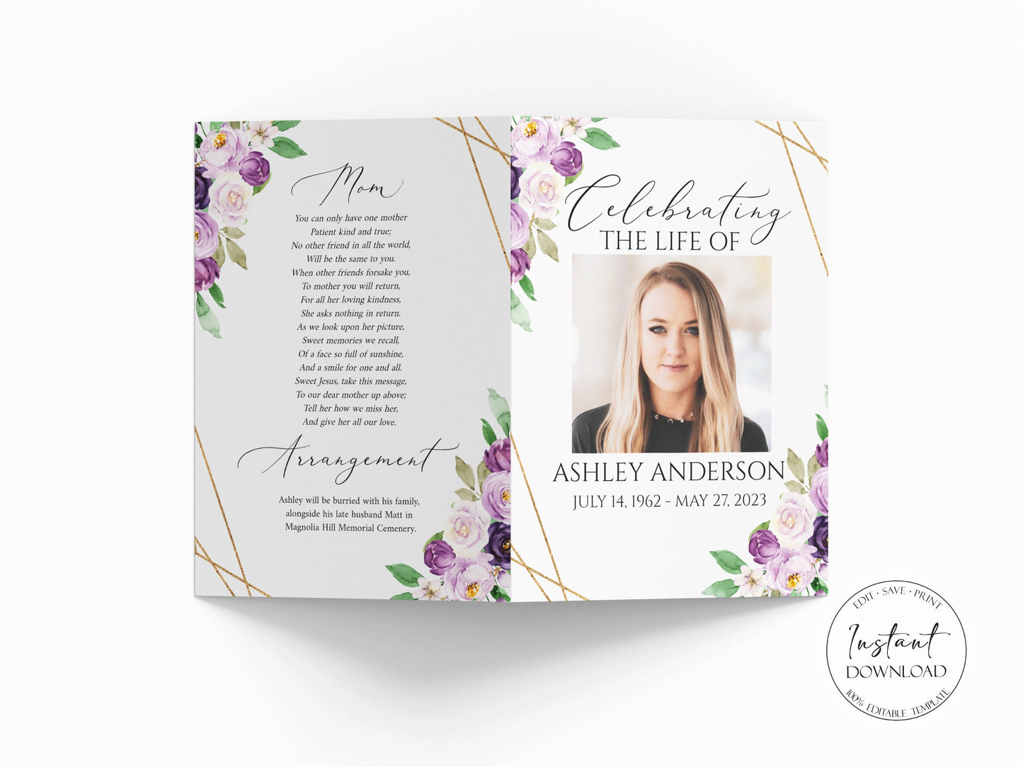 Celebration of Life Funeral Program, Purple Floral Funeral Program Template, Floral Memorial Program, Obituary Program, Funeral Mass Program, P1