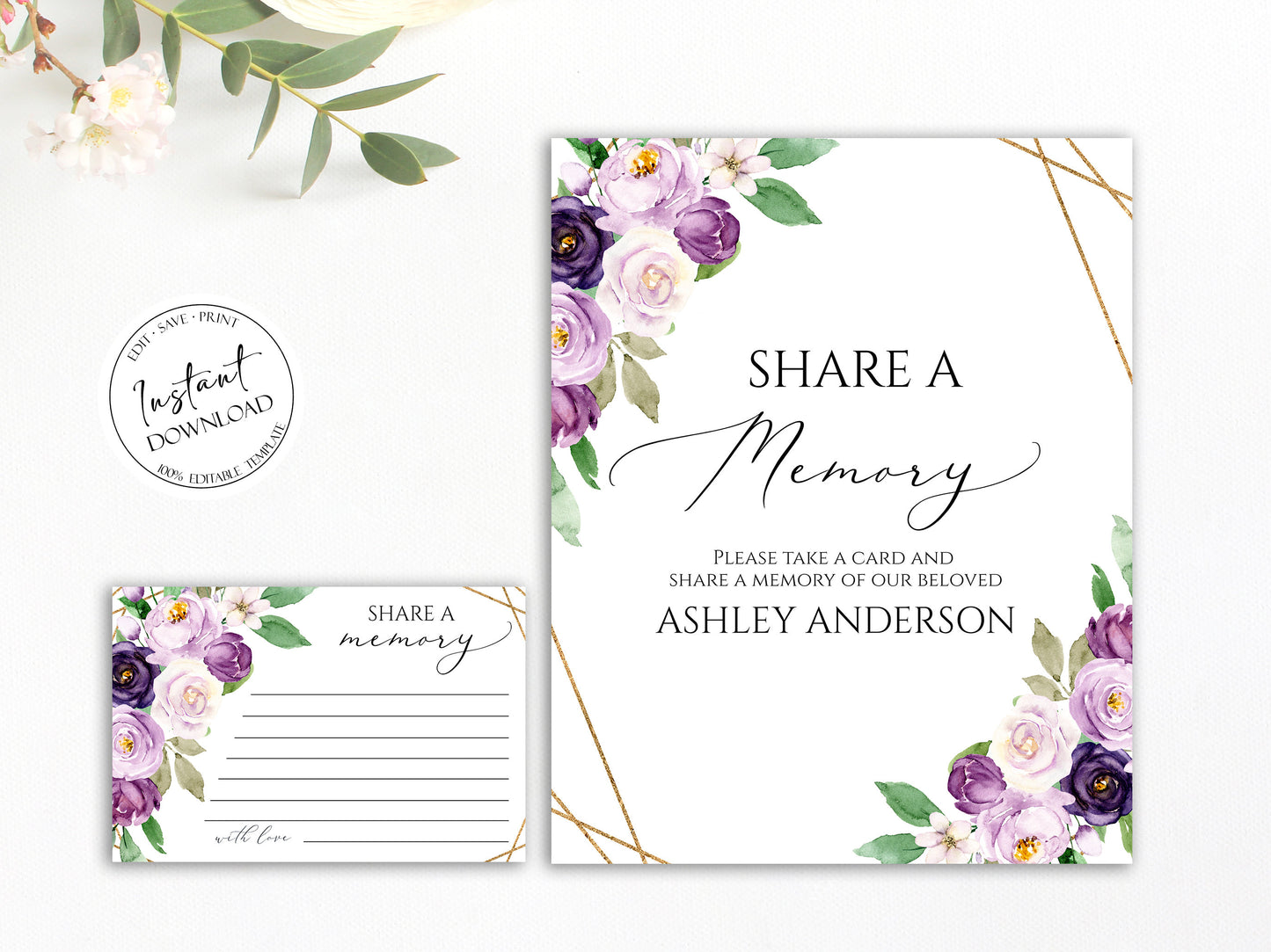 Share a Memory Funeral Sign, Share a Memory Card, Purple Funeral Memory Card, Editable Funeral share a memory template, Funeral Template P1