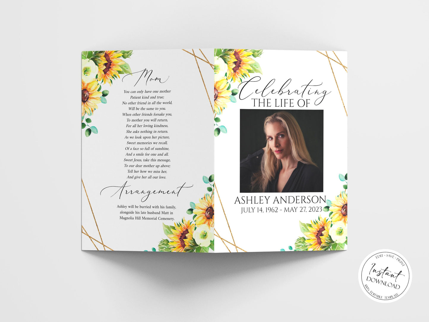 Celebration of Life Sunflower Funeral Program Template, Sunflower Funeral Program, Yellow Flowers Memorial Program, Sunflower Obituary Program Funeral Mass Program