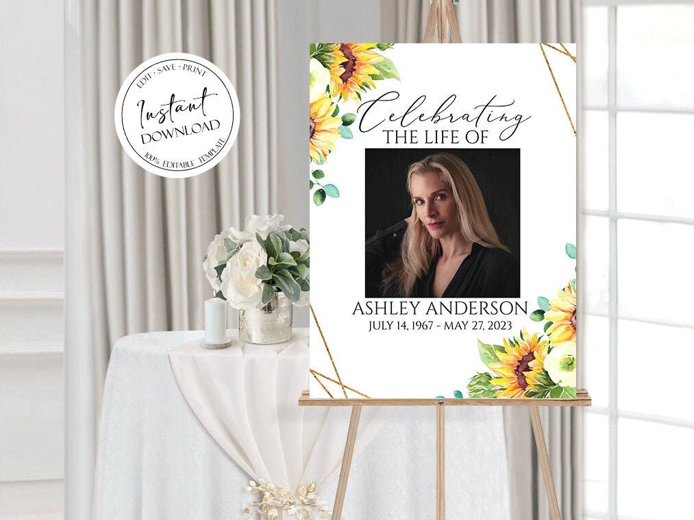 Celebration Of Life Sunflower Funeral Welcome Sign Template, Sunflower Obituary Memorial Sign Editable Funeral Welcome Sign, Sunflower Funeral Memorial Sign