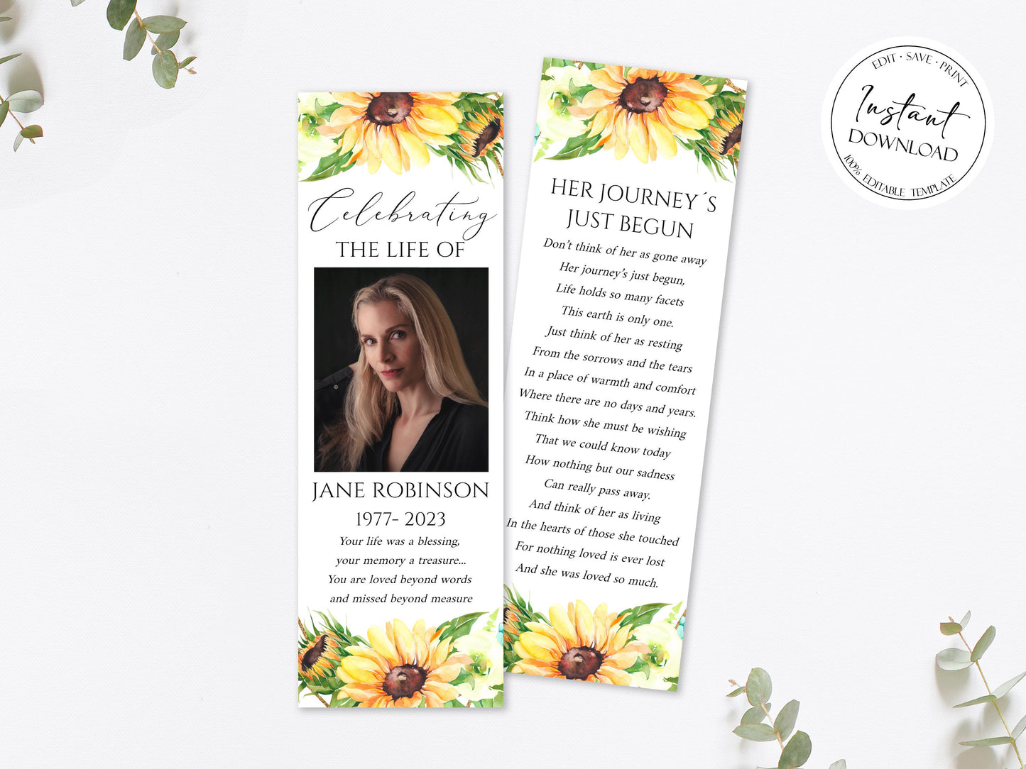 Celebration of Life Sunflower Funeral Bookmark Template Funeral Keepsake Cards, Sunflower Memorial Bookmark, Sunflower Obituary Bookmark§