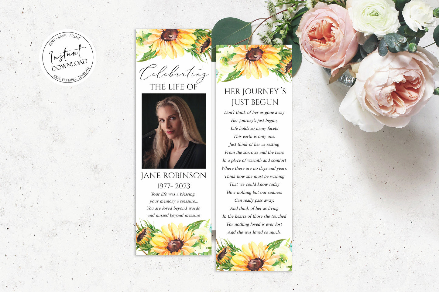 Celebration of Life Sunflower Funeral Bookmark Template Funeral Keepsake Cards, Sunflower Memorial Bookmark, Sunflower Obituary Bookmark