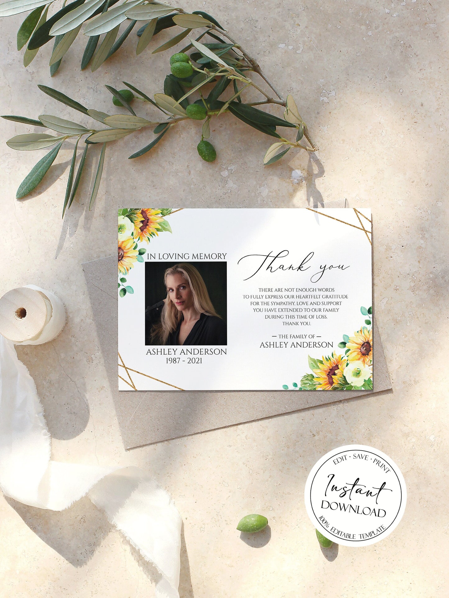 Celebration of life Sunflower Photo Funeral Thank you Card Template, Editable  Sunflower Sympathy Thank you Card, Printable Memorial Thank You Card Template