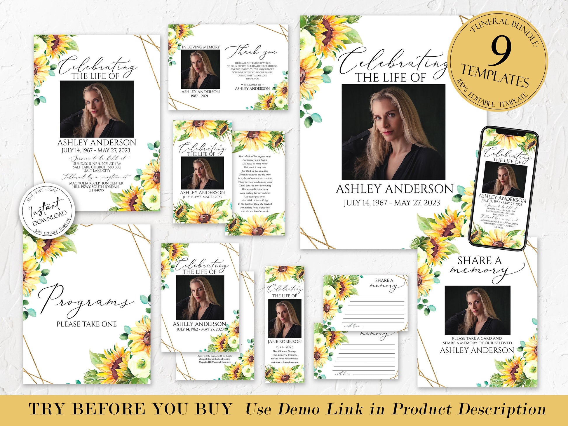 Celebration Of Life Sunflower Funeral Bundle Set, Memorial Package, Celebration of Life Package, In Loving Memory Suite, Sunflower Funeral Templates Bundle