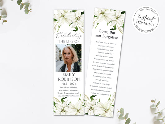 Celebration of Life White Lilies Greenery Gold Funeral Bookmark Template, Funeral Keepsake Cards, White Lilies Memorial Bookmark, Obituary Bookmark