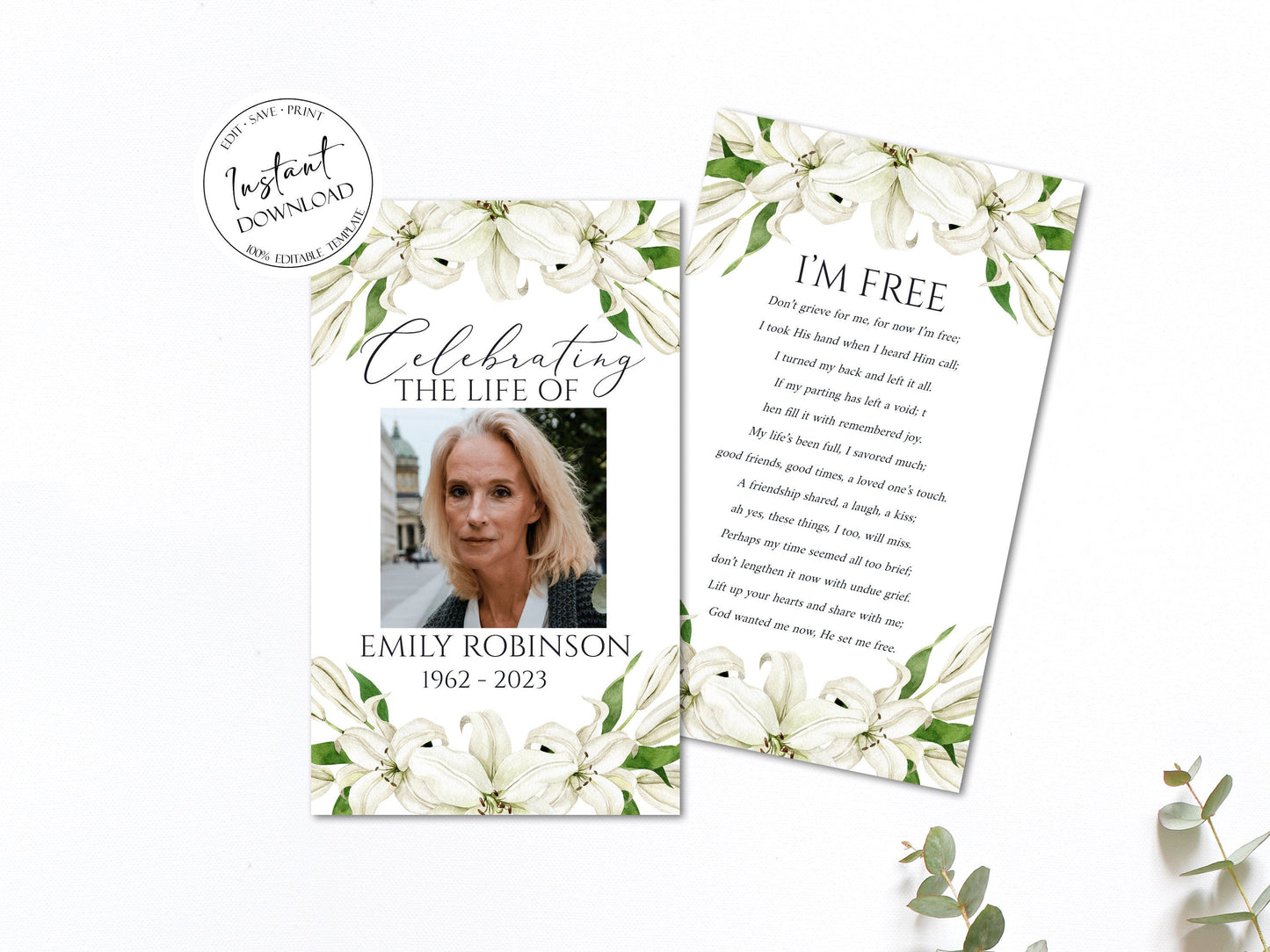 Editable Celebration of Life White Lilies Greenery Gold Funeral Prayer Card Template White Lilies Remembrance Card, Funeral Mass Card, White Lilies Funeral Keepsake