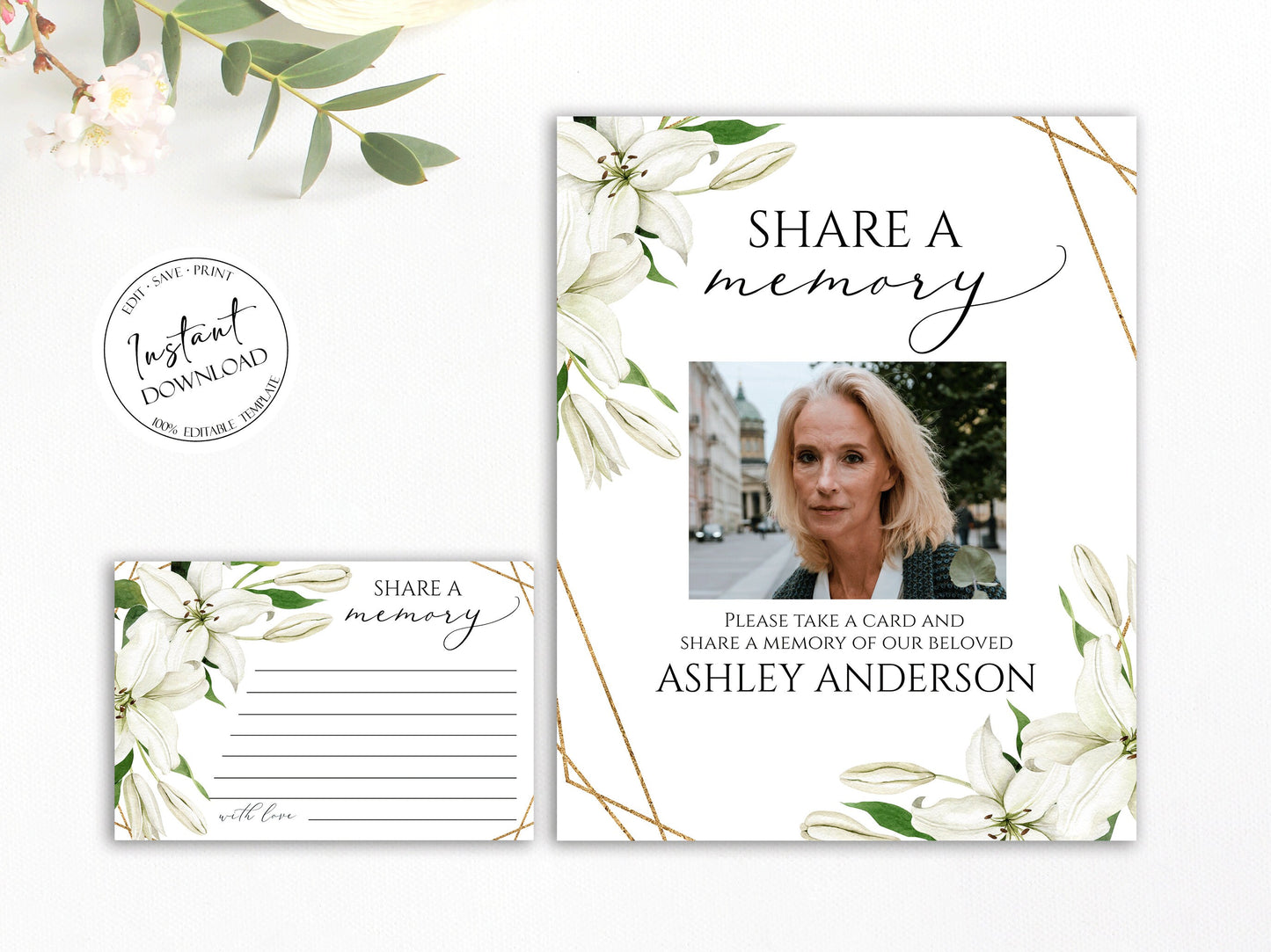 White Lilies Greenery Gold Simple Elegant Share a Memory Funeral Sign and Share a Memory Card Template, Editable Funeral share a memory template, Funeral Template