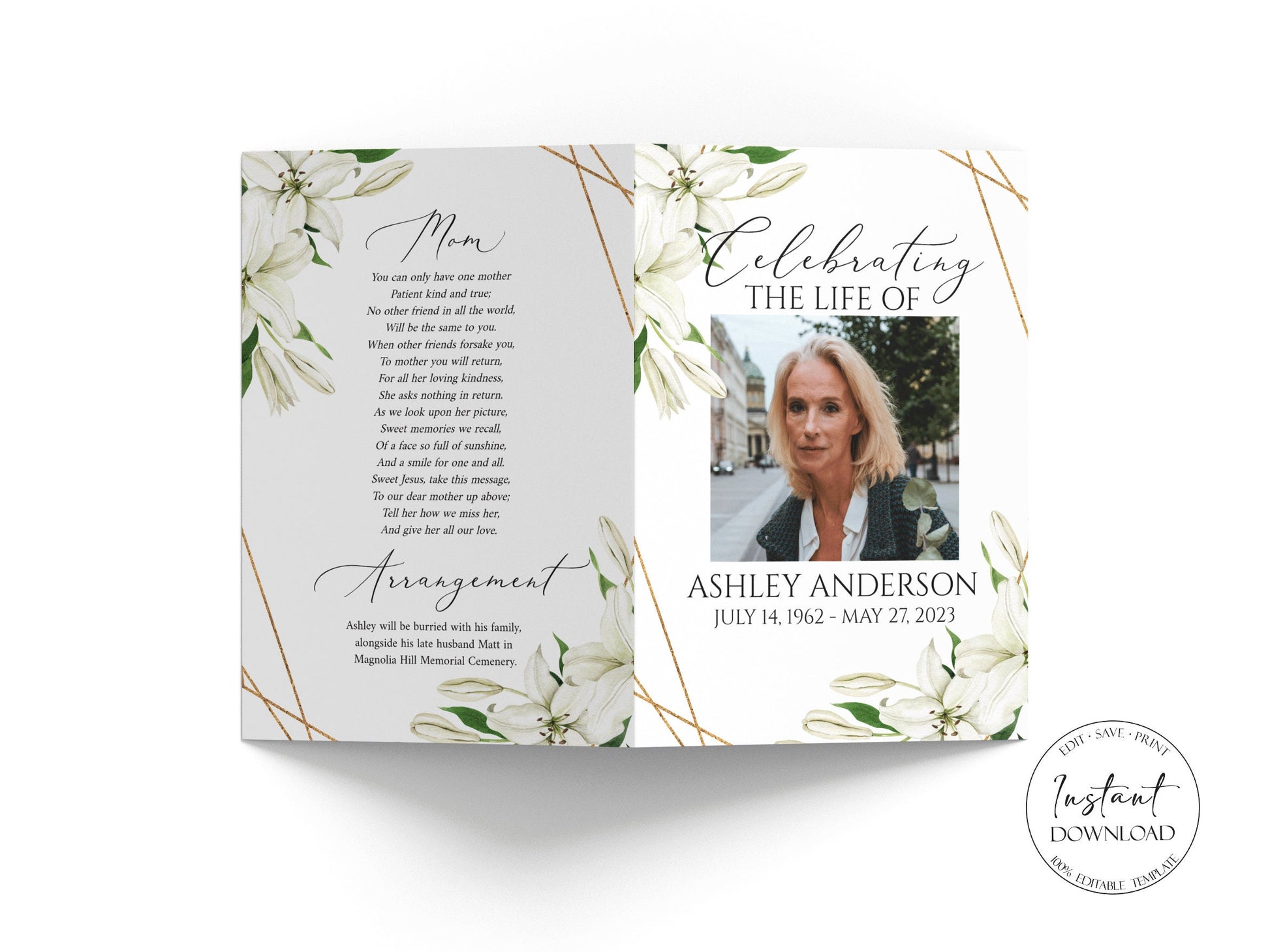 Celebration of Life White Lilies Greenery Funeral Program Template, White Floral Memorial Program, Obituary Program, White Lilies Greenery Funeral Mass Program