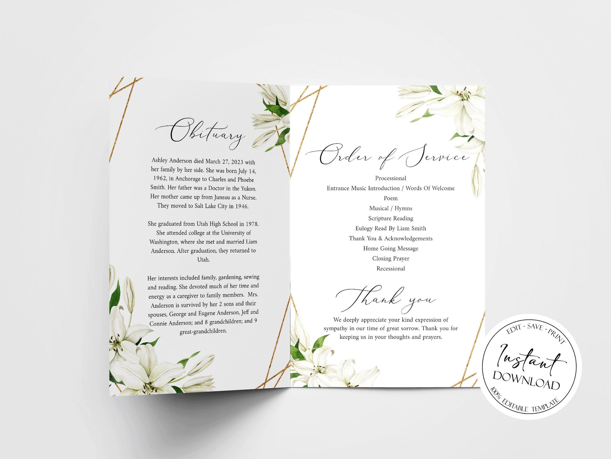 Celebration of Life White Lilies Greenery Funeral Program Template, White Floral Memorial Program, Obituary Program, White Lilies Greenery Funeral Mass Program