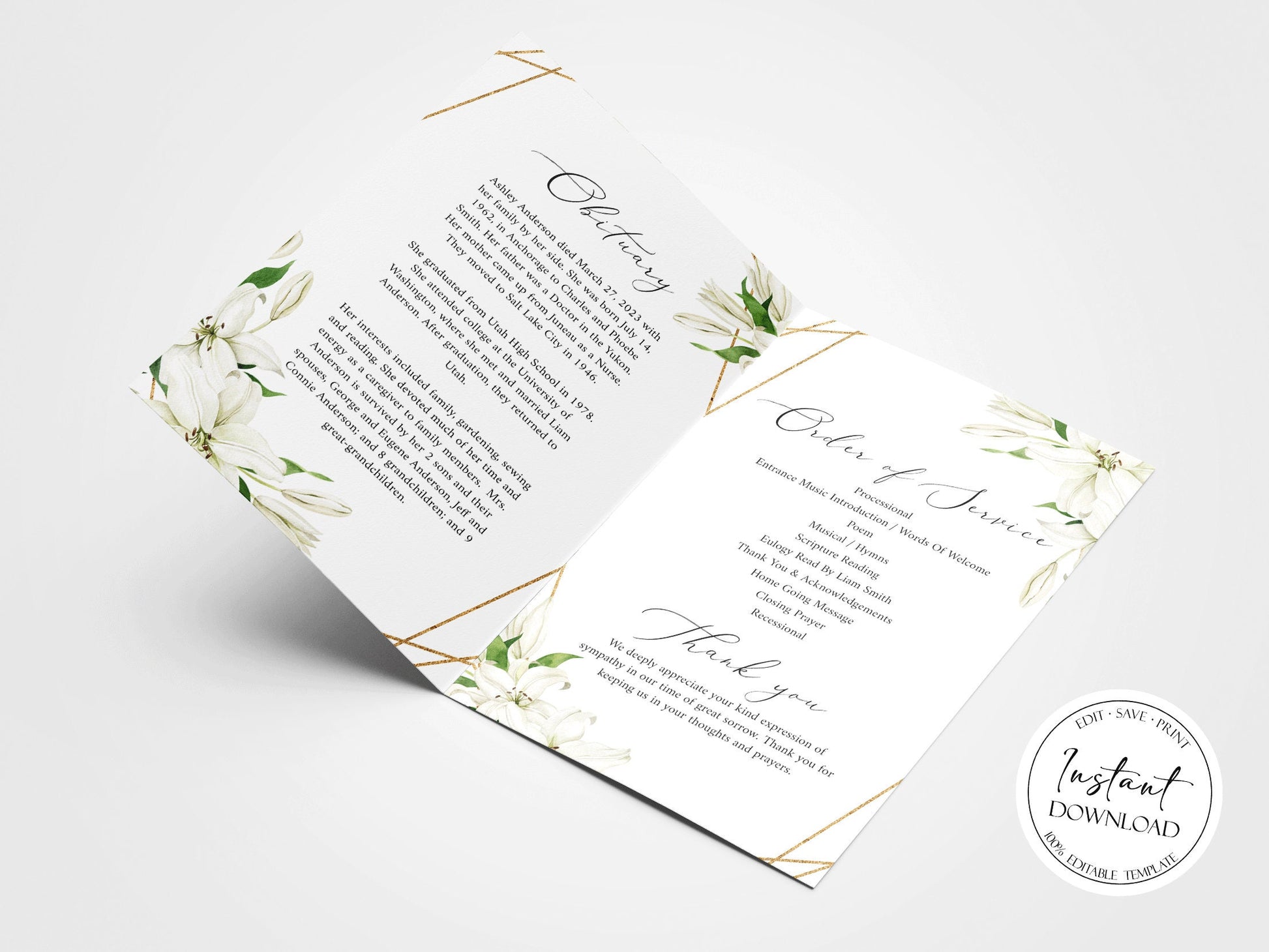 Celebration of Life White Lilies Greenery Funeral Program Template, White Floral Memorial Program, Obituary Program, White Lilies Greenery Funeral Mass Program