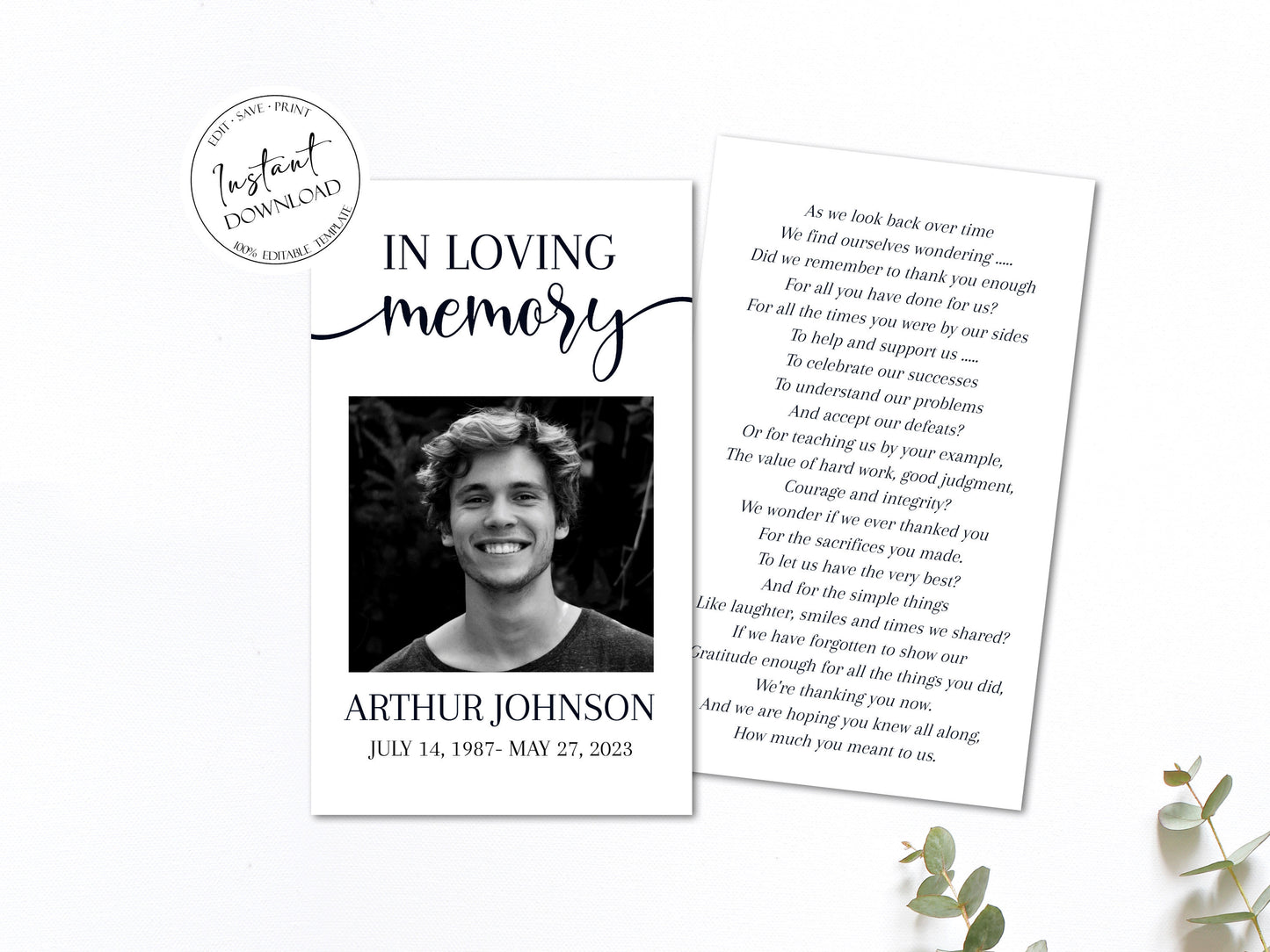 In Loving Memory Simple Elegant Funeral Prayer Card Template, Printable Memorial Prayer Card Template, Funeral Prayer Card, Catholic Mass Card, Obituary Card S2