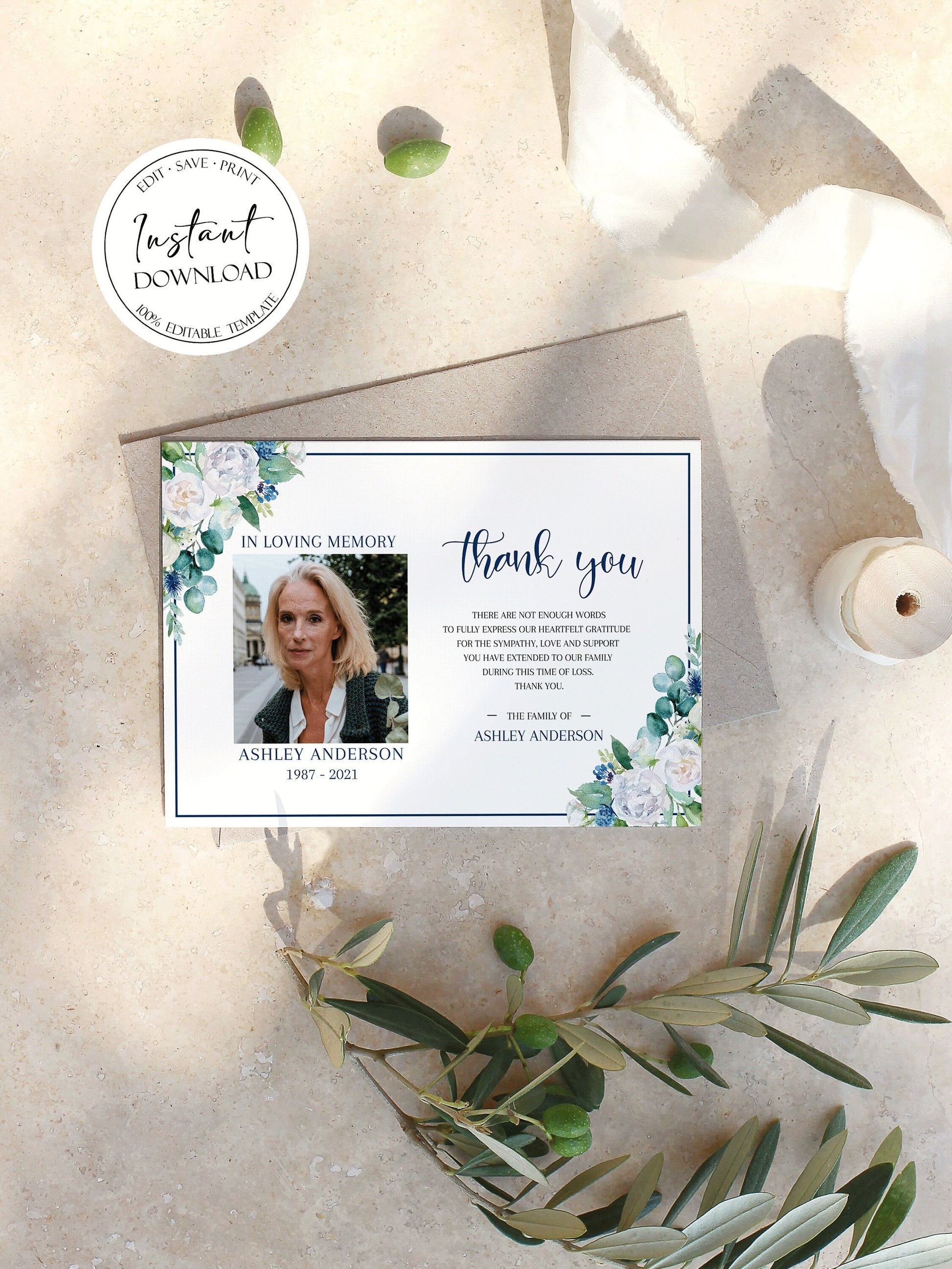 Celebration of life Blue White Floral Funeral Photo Thank You Card Template, Blue White Floral Funeral Thank You, Printable Memorial Thank You Cards, Sympathy Cards B1