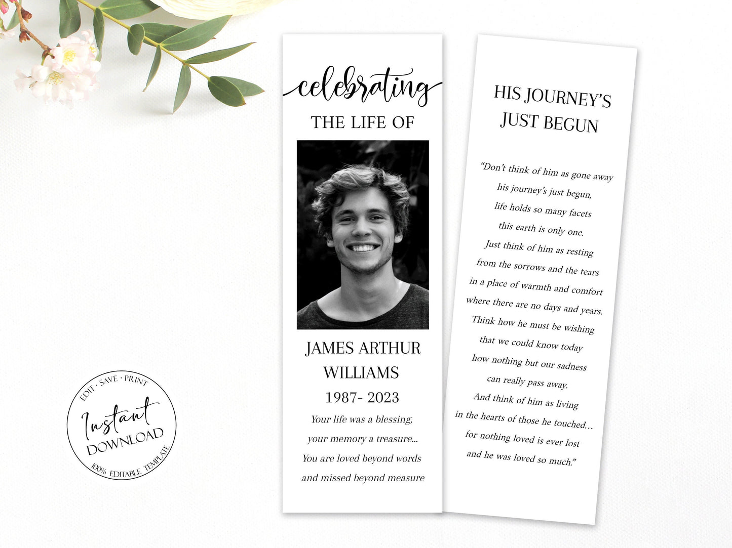 Simple Funeral Bookmark Template, Celebration of Life Bookmark, Funeral Keepsake Cards, Memorial Bookmark, Obituary Bookmark, Keepsake Cards S2