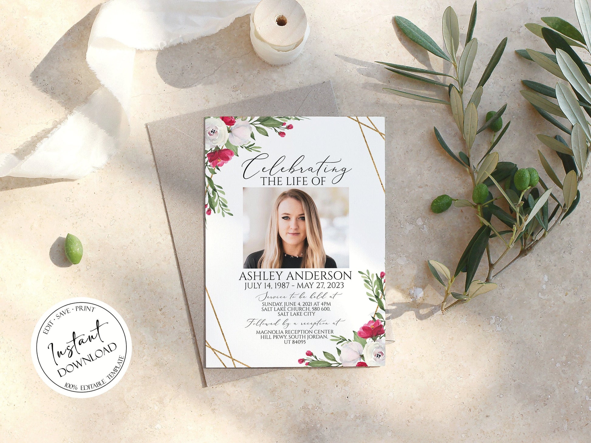 Celebration of life White Pink Roses Funeral Invitation, Funeral Announcement, White Pink Roses Funeral Cards, Printable Memorial Invite P2