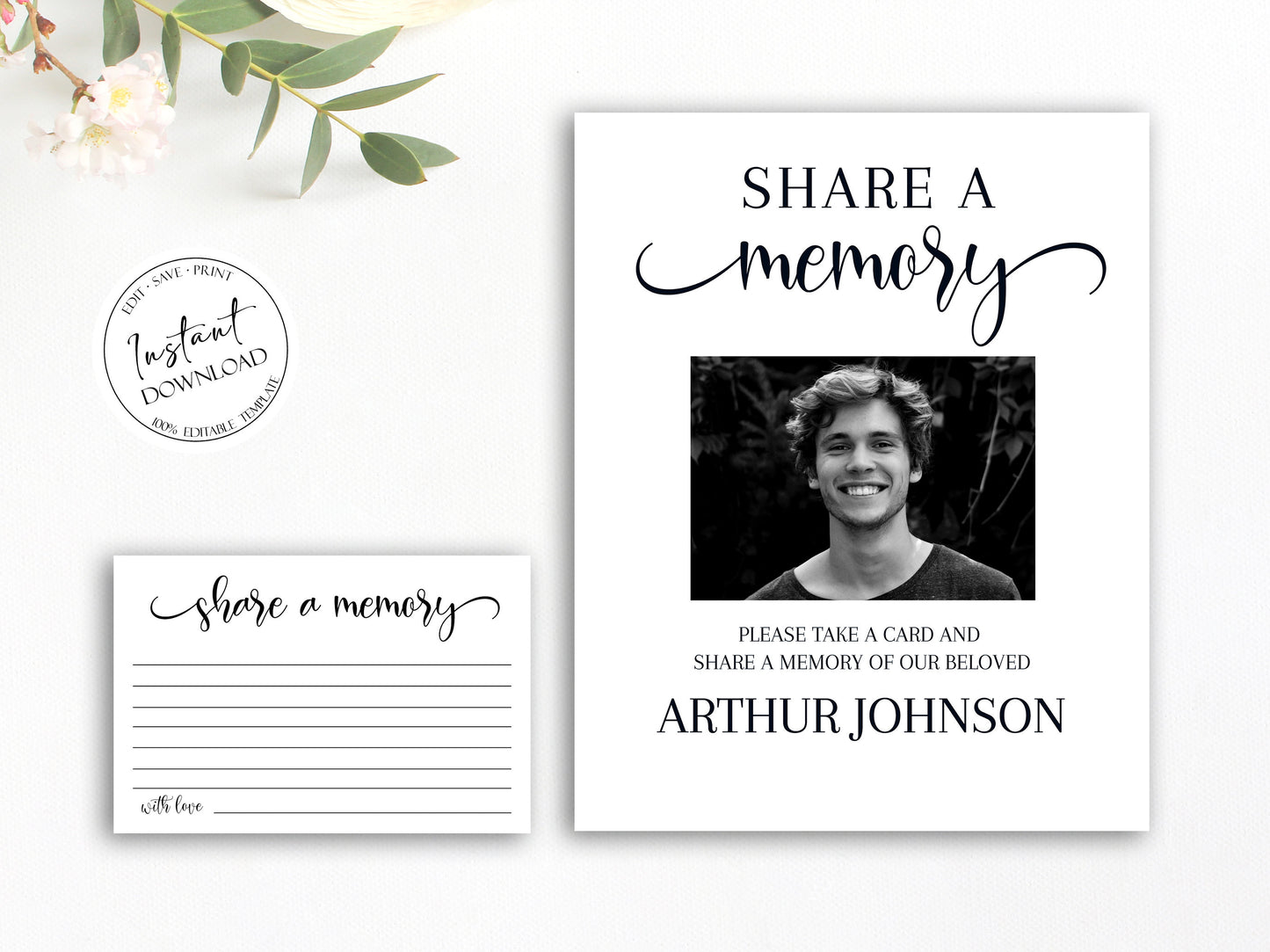 Simple Elegant Share a Memory Funeral Sign and Share a Memory Card Template S2