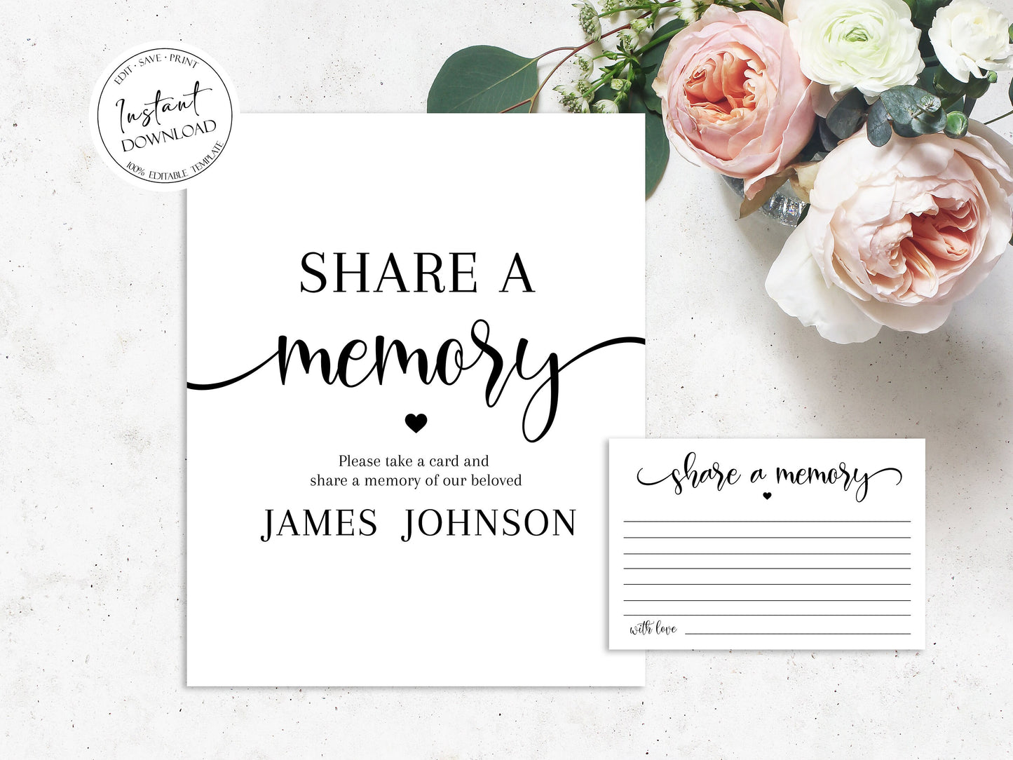 Simple Elegant Share a Memory Funeral Sign and Share a Memory Card Template Greenery Funeral Memory Card, Editable Funeral share a memory template S2