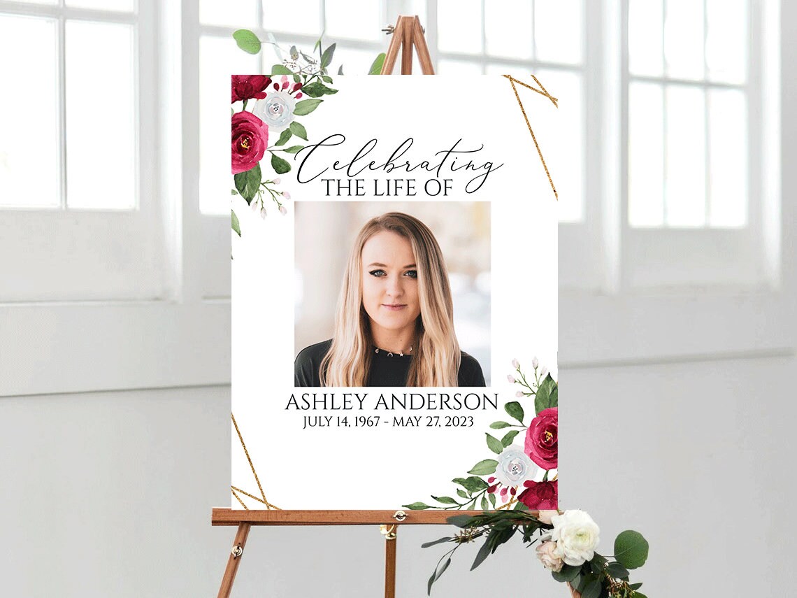 Celebration Of Life Sign, White Pink Roses Funeral Welcome Sign, In Loving Memory Welcome Sign, Editable Memorial Sign, Funeral Poster P2