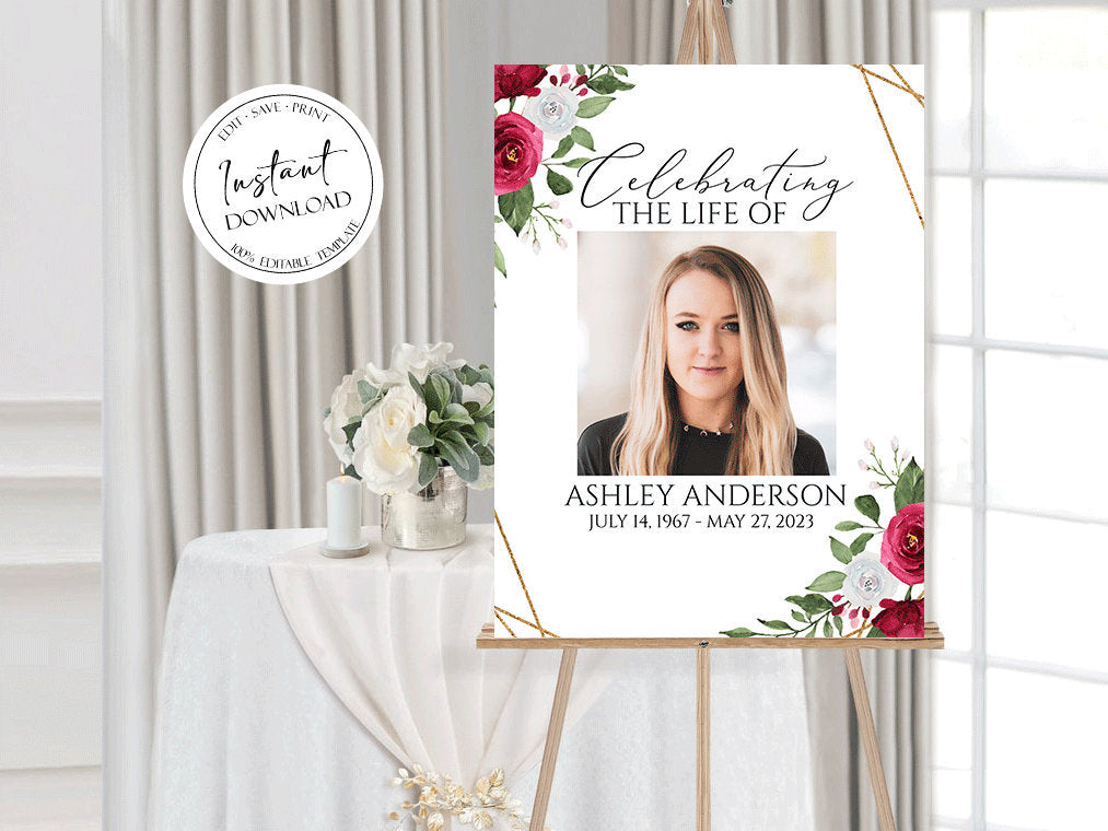 Celebration Of Life Sign, White Pink Roses Funeral Welcome Sign, In Loving Memory Welcome Sign, Editable Memorial Sign, Funeral Poster P2