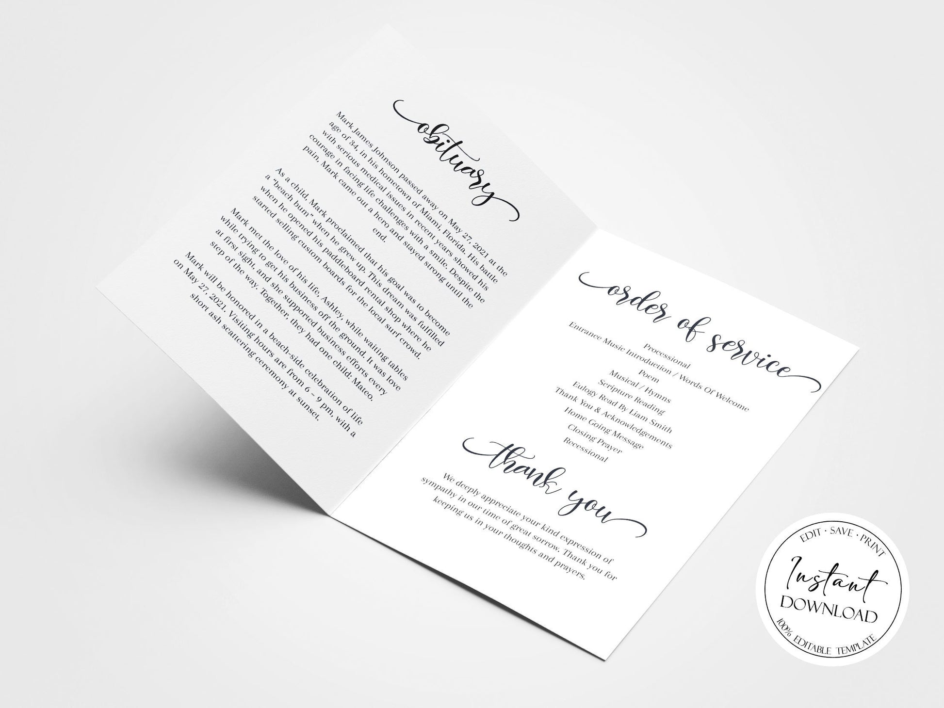 Celebration of Life Simple Elegant Funeral Program Template , Funeral Brochure, Blue Memorial Program, Obituary Program, Editable Funeral Program Template, S2