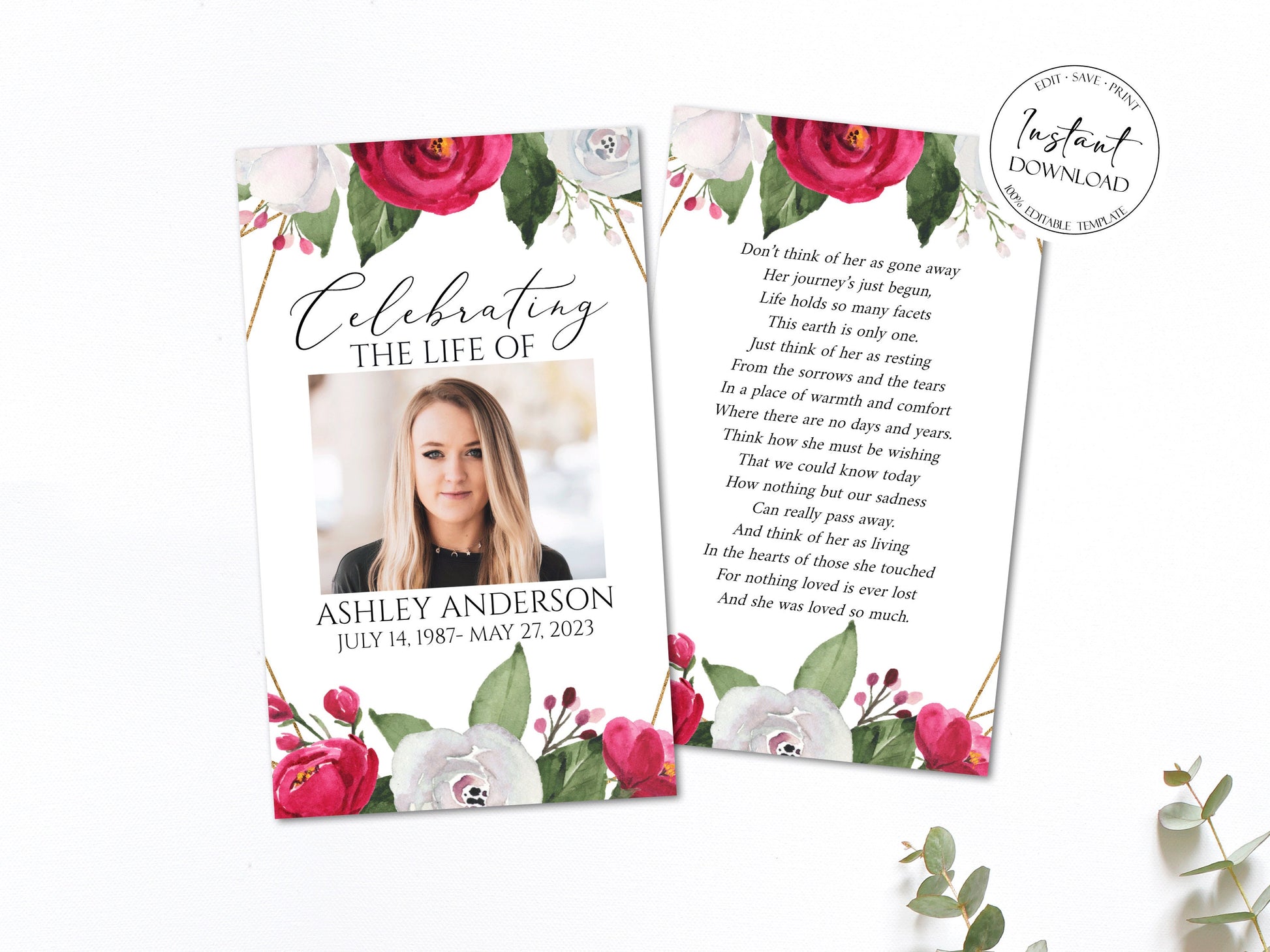 Celebration of life White Pink Roses Funeral Prayer Cards Template, Memorial Prayer Card Template, Funeral Prayer Card, Pink Roses Catholic Mass Cards, Obituary Card P2