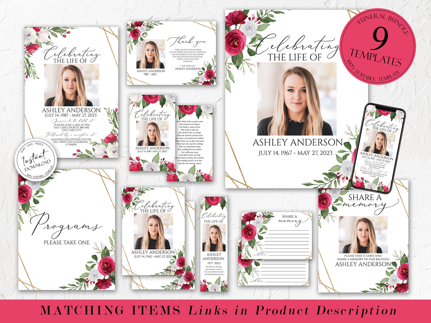 Celebration of Life White Pink Roses Funeral Bookmark Template, Celebration of Life Bookmark, Funeral Keepsake Cards, Pink Roses Memorial Bookmark, Obituary Bookmark P2