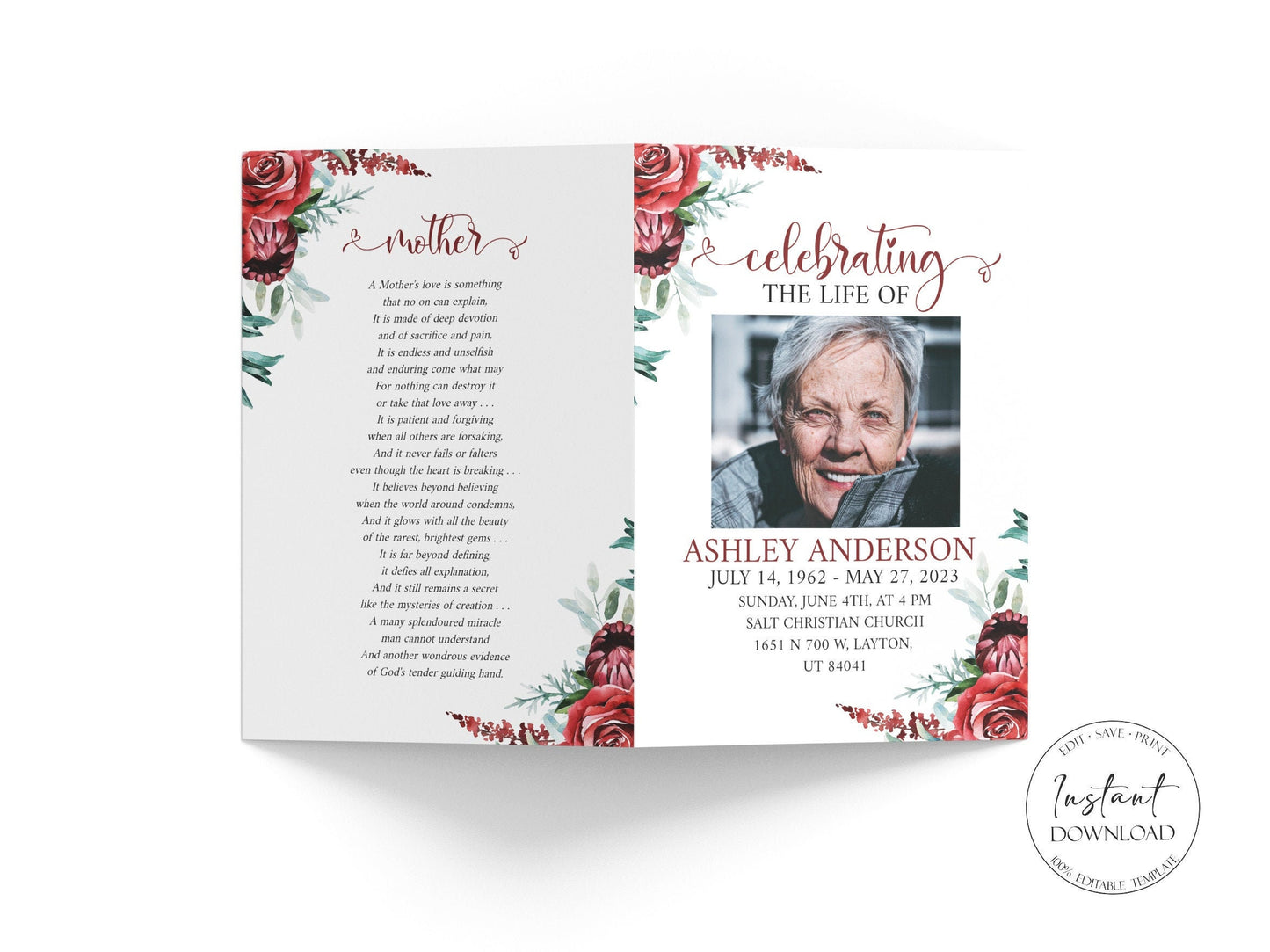 Celebration of Life Funeral Program Template, Red Funeral Brochure, Red Roses Memorial Program, Obituary Program Funeral Program Template R2