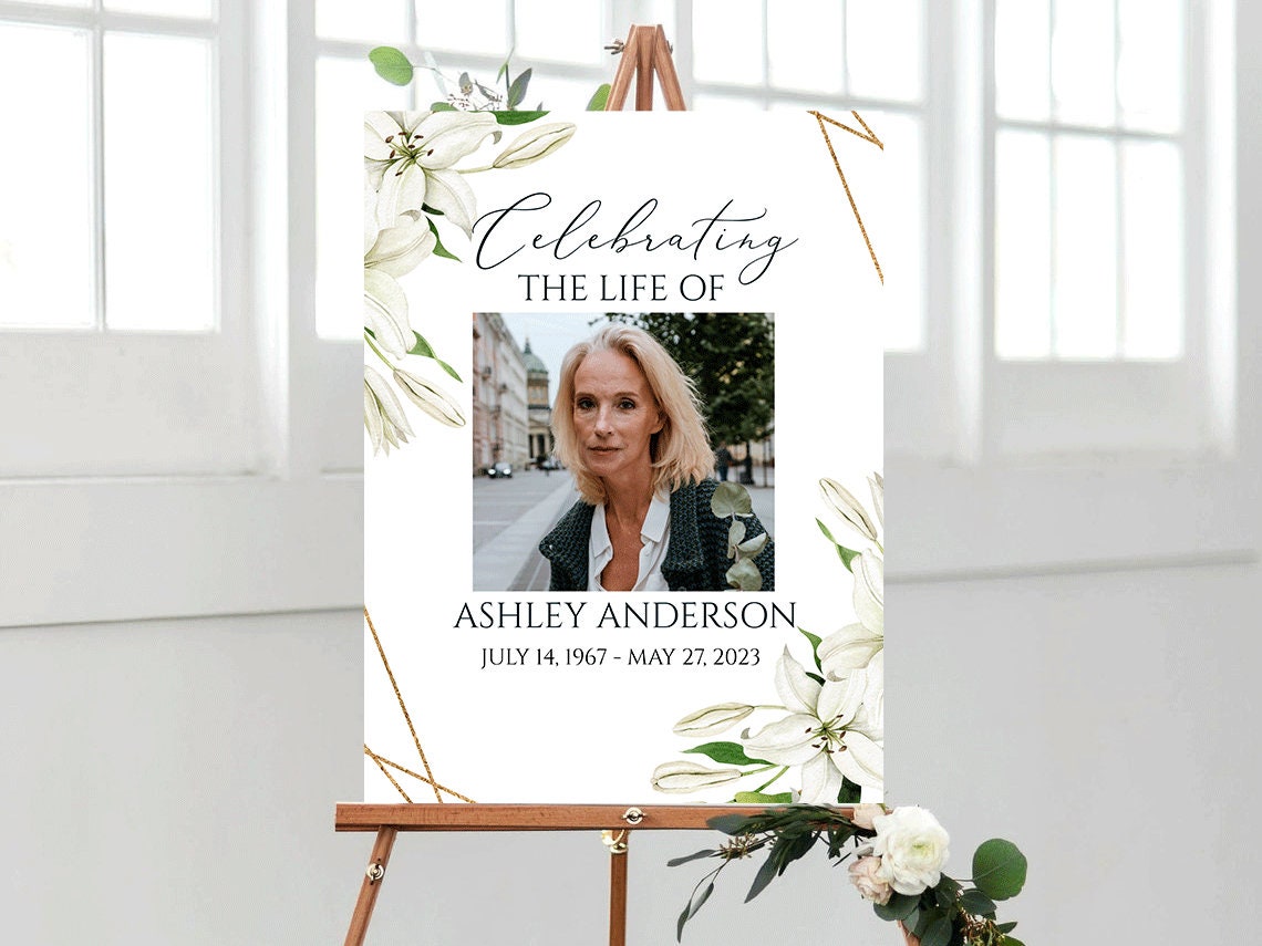 Celebration Of Life White Lilies Greenery Gold Funeral Welcome Sign Template, In Loving Memory Welcome Sign, White Lilies Memorial Sign, White Lilies Funeral Poster