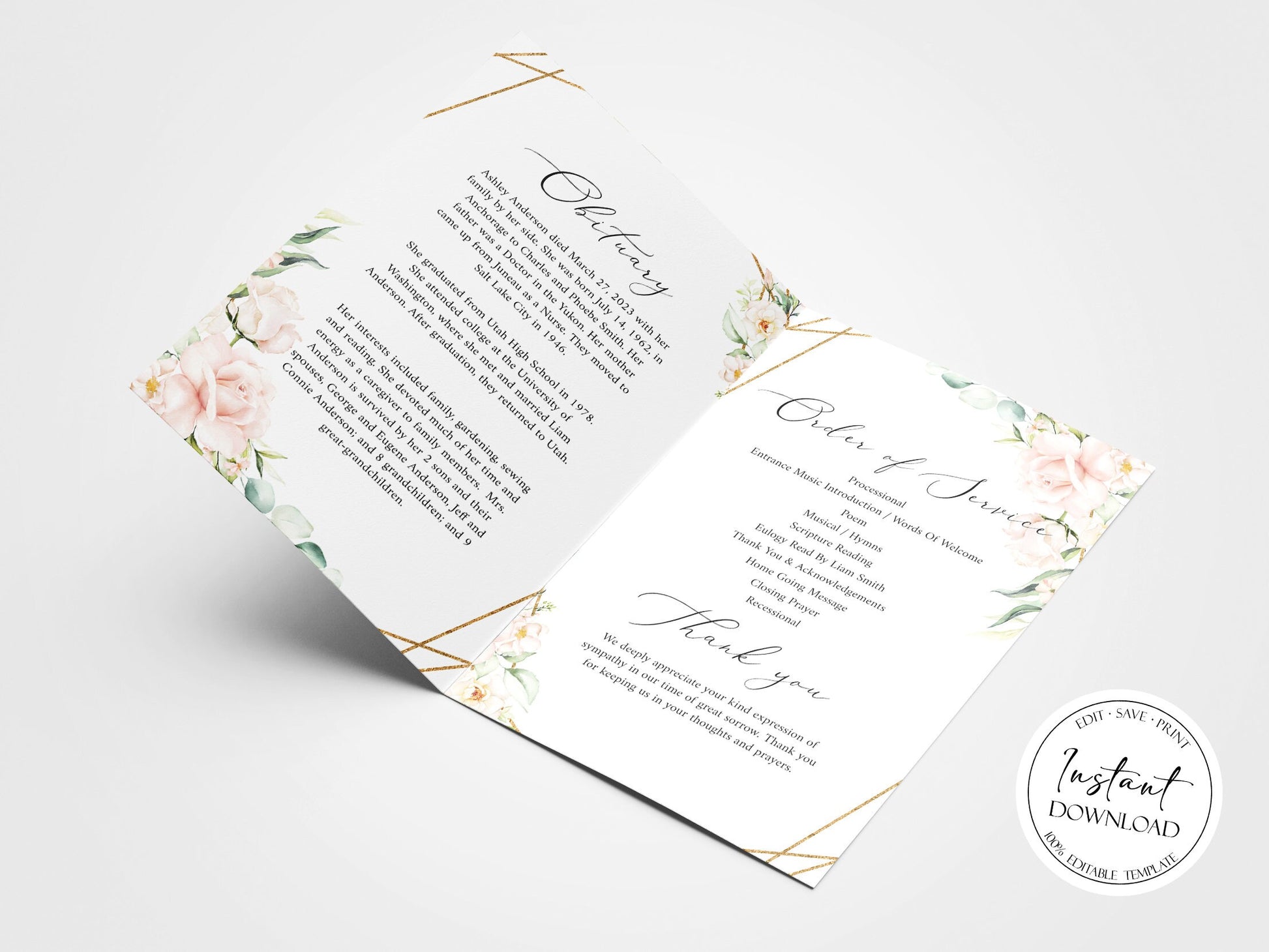 Celebration of life Funeral Program, Blush Pink Roses Funeral Program Template, Memorial Program, Obituary Program, Funeral Mass Program P4