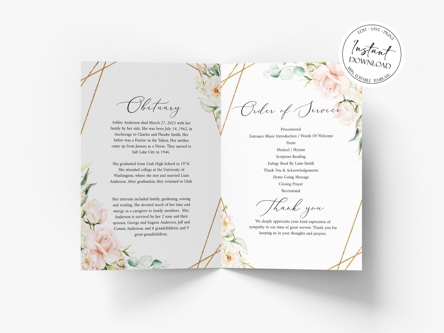 Celebration of life Funeral Program, Blush Pink Roses Funeral Program Template, Memorial Program, Obituary Program, Funeral Mass Program P4